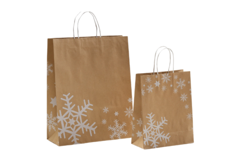 zwei verschieden große braune Papiertaschen mit weißen Papierkordeln Eiskristalle. sie sind umlaufend mit weißen Schneeflocken bedruckt. zu kaufen im Shop von tausendtypentragetaschen.de