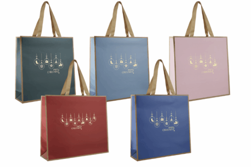 Geschenktaschen Christmas Shiny in 5 Farbkombinationen Flächen stahlblau, dunkelblau, rosé, bordeaux oder dunkelgrün mit goldenem Rahmen und Weihnachtskugeln geprägt bei tausendtypentragetaschen