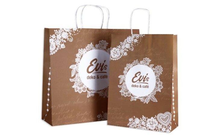 individuell braun bedruckte Papiertasche für Evis deco und café mit Papierkordel