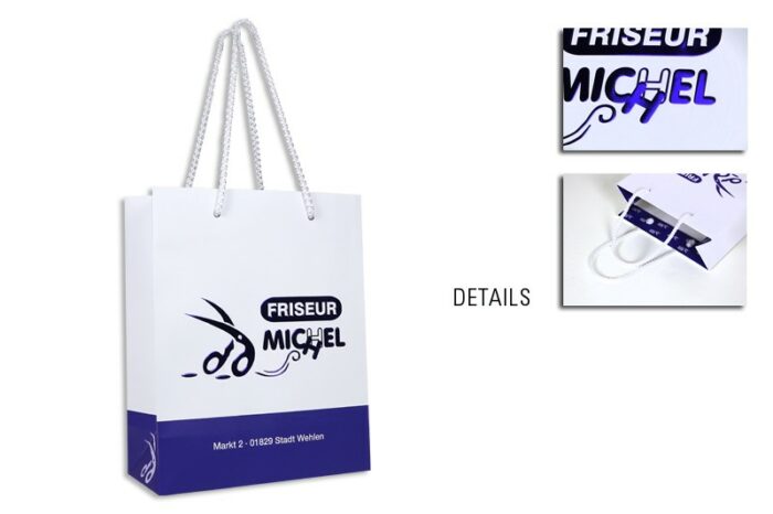 Papiertasche für Friseur Michel einfarbig blau mit Relief- und Heißfolienprägung in blau