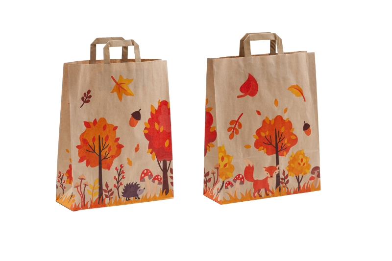 Papiertasche Herbstzauber aus braunem Kraftpapier mit orange-braunem Druck Blätter, Pilze, Igel, Fuchs, Vorder- und Rückseite verschieden; große Größe ca. A2