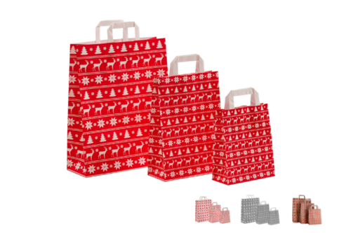 Weihnachtstasche Norweger Gruppenbild von 4 Farbvarianten weiß-rot, rot-weiß, grau-weiß, braun-rot, jeweils 3 Größen in den einzelnen Farben mit weißen bzw. braunen Flachhenkeln für die Produkte im Shop von tausendtypentragetaschen.de