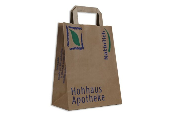Braune Papiertasche mit Flachhenkel und 2-farbigem Aufdruck Hohaus-Apotheke in blau und grün Referenz bei Tausendtypentragetaschen