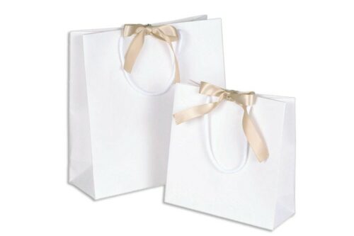 Papiertasche Present elfenbein mit Satinband platin und Kordel aus weißer Baumwolle in 2 Abemessungen bei tausendtypentragetaschen