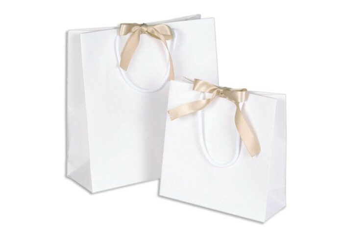 Papiertasche Present elfenbein mit Satinband platin und Kordel aus weißer Baumwolle in 2 Abemessungen bei tausendtypentragetaschen
