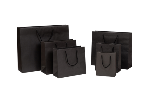 Papiertaschen, 6 Größen in schwarz mit einer Stoffkordel im Shop von tausendtypentragetaschen