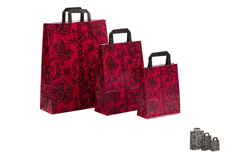 Papiertaschen in fuchsia und grau mit schwarzem Spitzenmotiv, schwarze Henkel, 3 Größen
