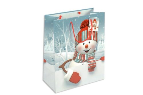 bunte Weihnachtstasche mit einem lustigen Schneemann mit Handschuh, Schaal und Mütze glänzend, rote Tragekordeln kurz