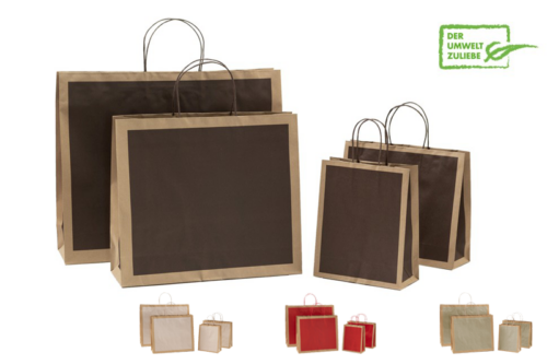 Papiertasche in 4 Formaten aus braunem Recycling-Papier, Fond der Taschen wahlweise rot, braun, grau oder weiß bedruckt, Henkel Papierkordel