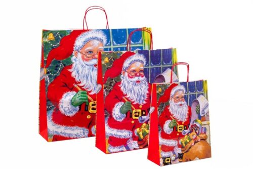 Bunte Weihnachtstasche aus Papier mit Weihnachtsmann und Geschenkesack bedruckt, Die Tasche hat zwei Papierkordelgriffe