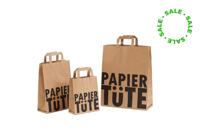 Braune Papiertasche in 3 Größen mit schwarzer Aufschrift PapierTüte im Sale bei tausendtypentragetaschen