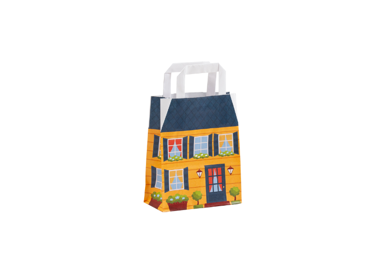 Papiertasche Sommerhaus kleine Größe, Tasche mit Flachhenkel, bedruckt mit einer Sommerhausansicht, vordergründige Farbe gelb
