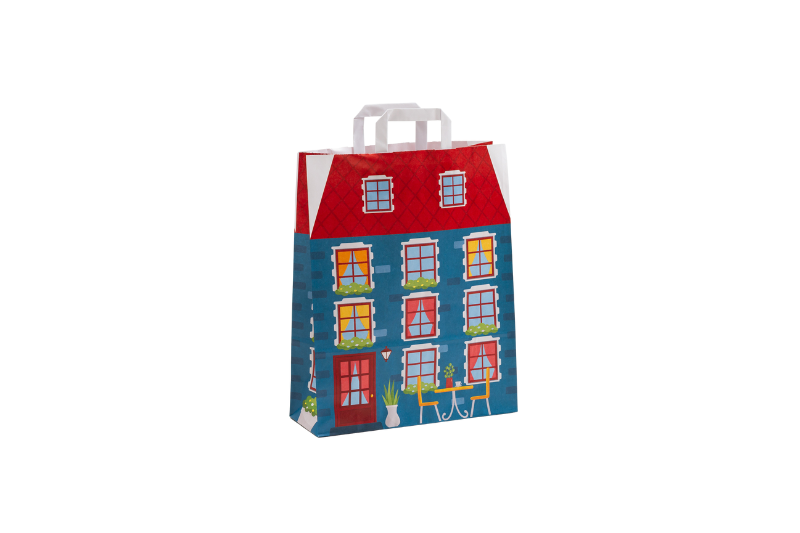 Papiertasche Sommerhaus mittlere Größe, Tasche mit Flachhenkel, bedruckt mit einer Sommerhausansicht, vordergründige Farbe blau
