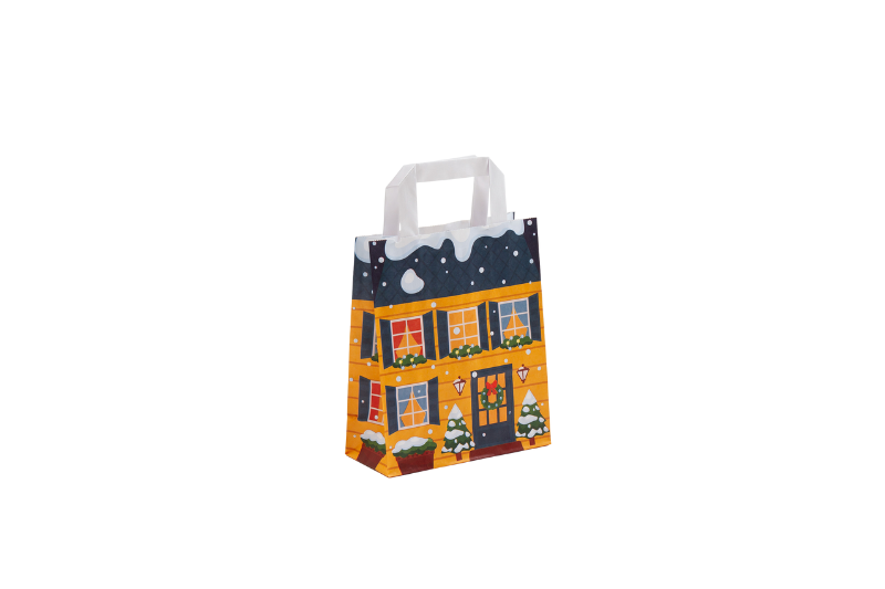 bunte Papiertasche mit Flachhenkeln, Serie Winterhaus, Grundfarbe gelb, kleinste Größe
