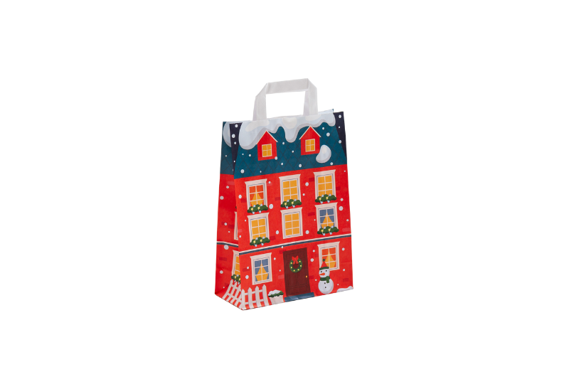 bunte Papiertasche mit Flachhenkeln, Serie Winterhaus, Grundfarbe rot, mittler Größe