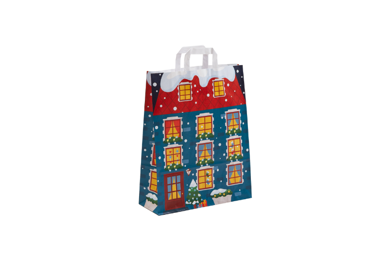 bunte Papiertasche mit Flachhenkeln, Serie Winterhaus, Grundfarbe blau, großes Format