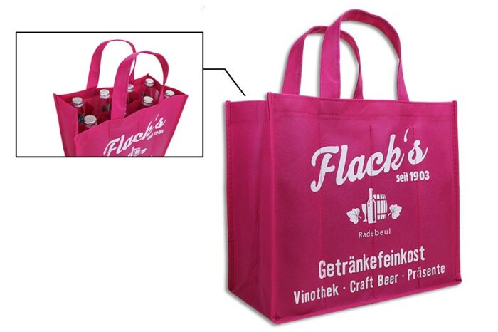 pinkfarbiger Flaschenträger Flack'S Getränkefeinkost aus NonWoven mit 8 Fächern, weißer Wrbeaufdruck