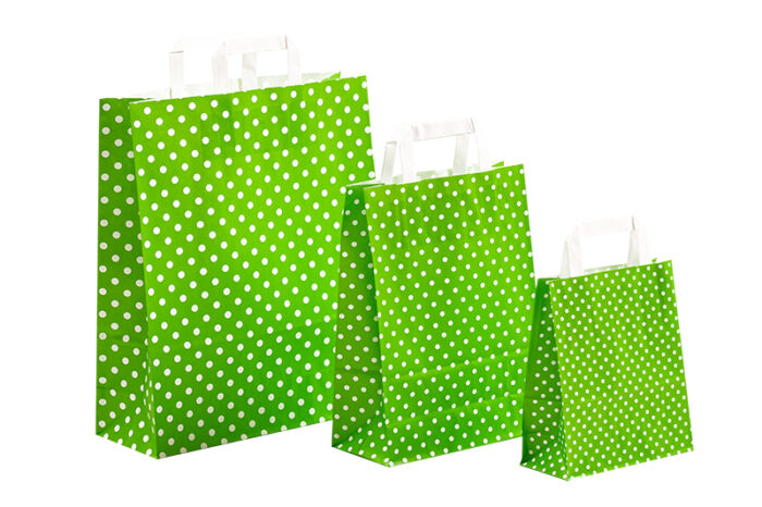 Papiertaschen mit Flachhenkel, weiß vollflächig maigrün mit weißen Punkten