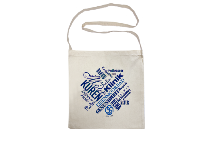 Baumwolltasche natur, blau bedruckt mit dem Motiv Eisenmoorbad Die Tasche hat einen extra-langen Henkel