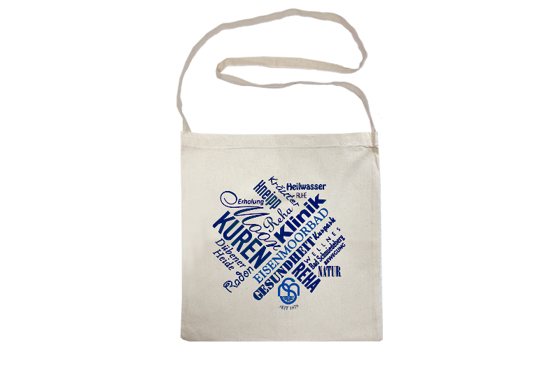 Baumwolltasche natur, blau bedruckt mit dem Motiv Eisenmoorbad Die Tasche hat einen extra-langen Henkel