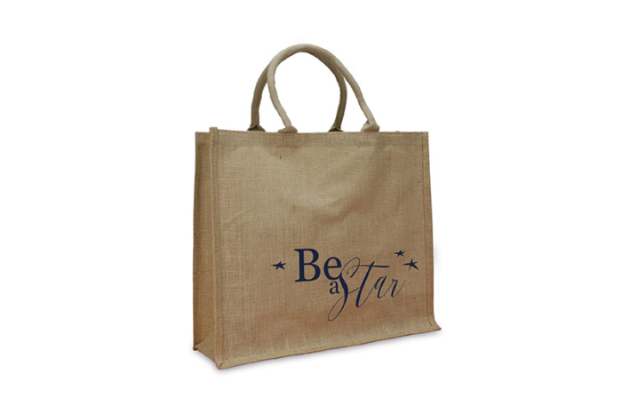 naturfarbige Jutetasche mit einem Blauen Aufdruck Be a Start bei tausendtypentragetaschen