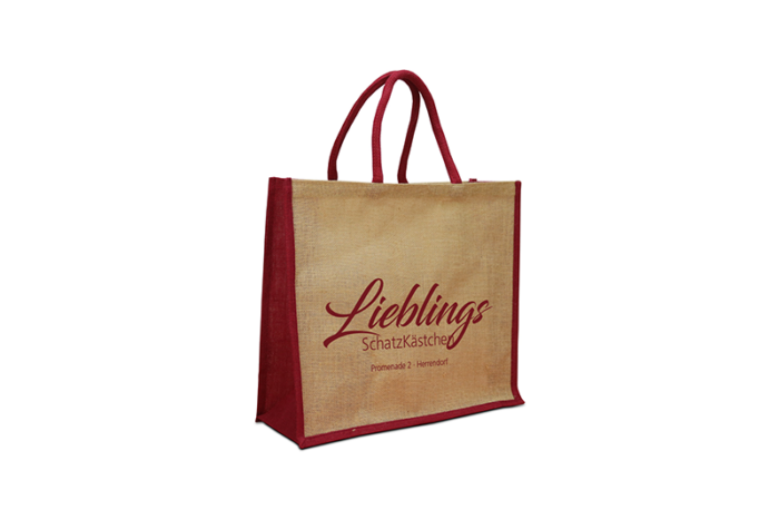 tausendtypentragetaschen - Jutetasche mit bordeauxfarbigen Seiten- und Bodenelement, Henkel kurz und aus Baumwolle, Aufdruck Lieblings-Schatzkästchen in bordeaux