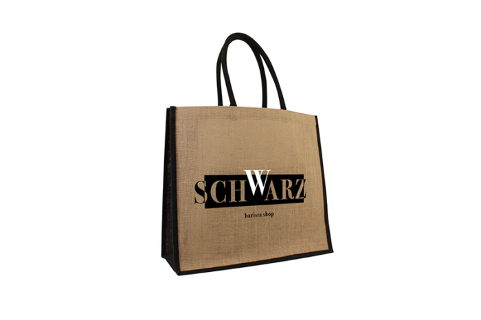 naturfarbige Jute-Tasche mit schwarzen Boden- und Seitenteilen, kurze, schwarz Henkel aus Baumwolle, Aufdruck schwarz-weiß für Baristo-Shop bei tausendtypentragetaschen