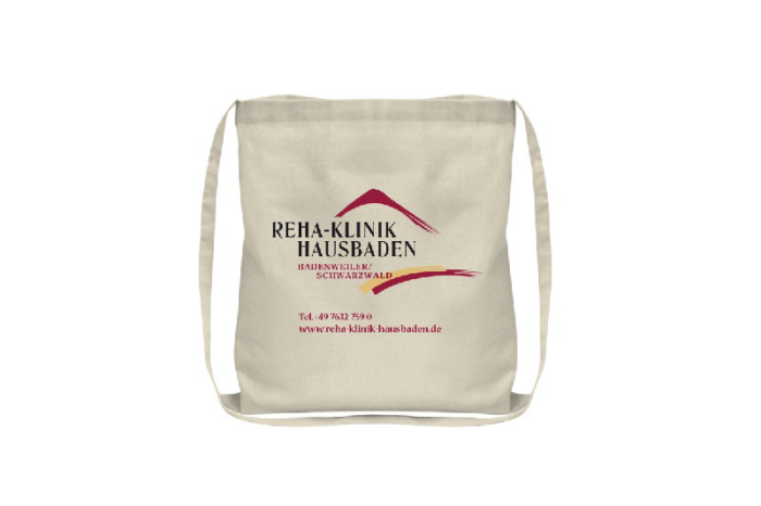Baumwolltasche natur, 3-farbig bedruckt mit Motiv Rehaklinik Hausbaden mit einem extra-langen Henkel