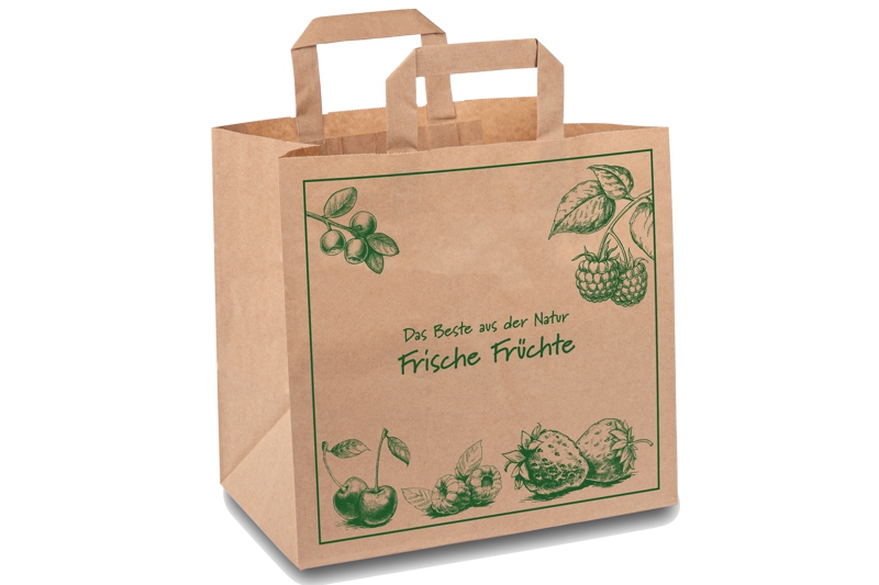 Papiertasche Frische Früchte braune Papiertaschen mit Flachhenkel und grüne m Früchtemotiv