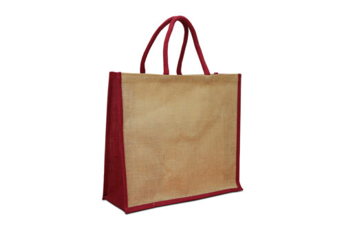 naturfarbige Jute-Tasche mit bordeaux-farbigen Boden- und Seitenteilen, Henkel aus Baumwolle, kurz und bordeaux bei tausendtypentragetaschen