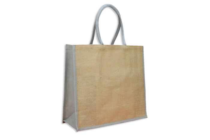 naturfarbige Jute-Tasche mit grauen Boden- und Seitenteilen, Henkel aus Baumwolle, kurz und grau bei tausendtypentragetaschen