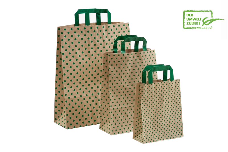 tausendtypentragetaschen - Papiertasche aus Graspapier mit grünen Punkten und Flachhenkeln