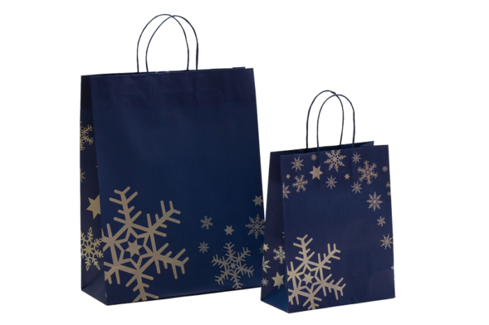 Weihnachtstasche aus Papier Eiskristall blau-silber bei tausendtypentragetaschen