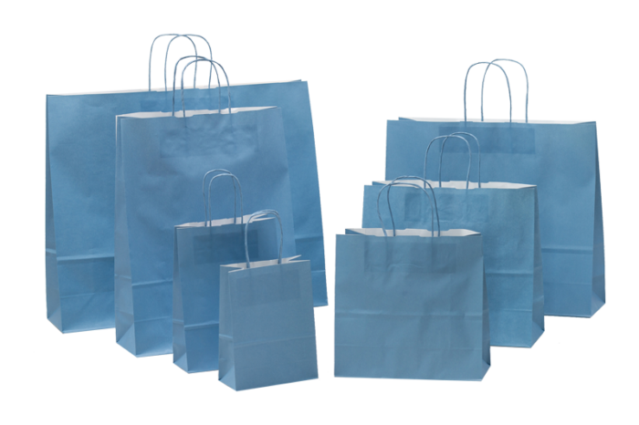 Papiertragetasche vollflächig in Trendfarbe denim-blau bedruckt, sieben Größen, mit eingeklebten Papierkordeln im Onlineshop von tausendtypentragetaschen