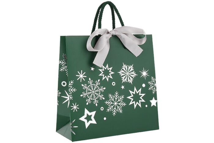 Papiertasche Present-Weihnacht grün mit Satinband und Kordel bei tausendtypentragetaschen