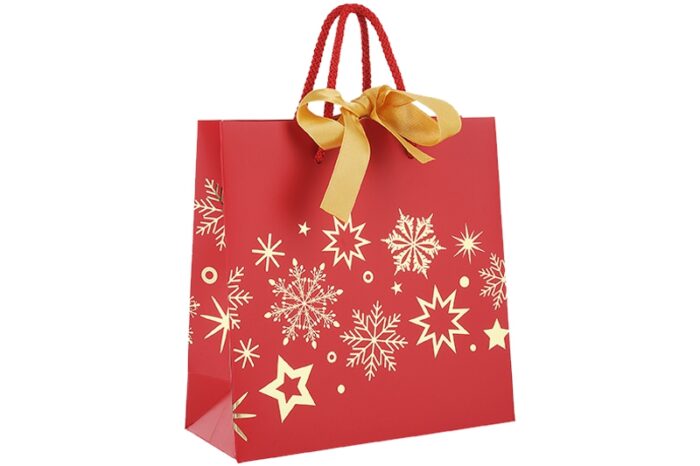 Papiertasche Present-Weihnacht rot mit Satinband und Kordel bei tausendtypentragetaschen