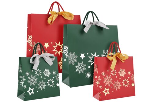 Papiertasche Present-Weihnacht in rot und grün mit Satinband und Kordel bei tausendtypentragetaschen