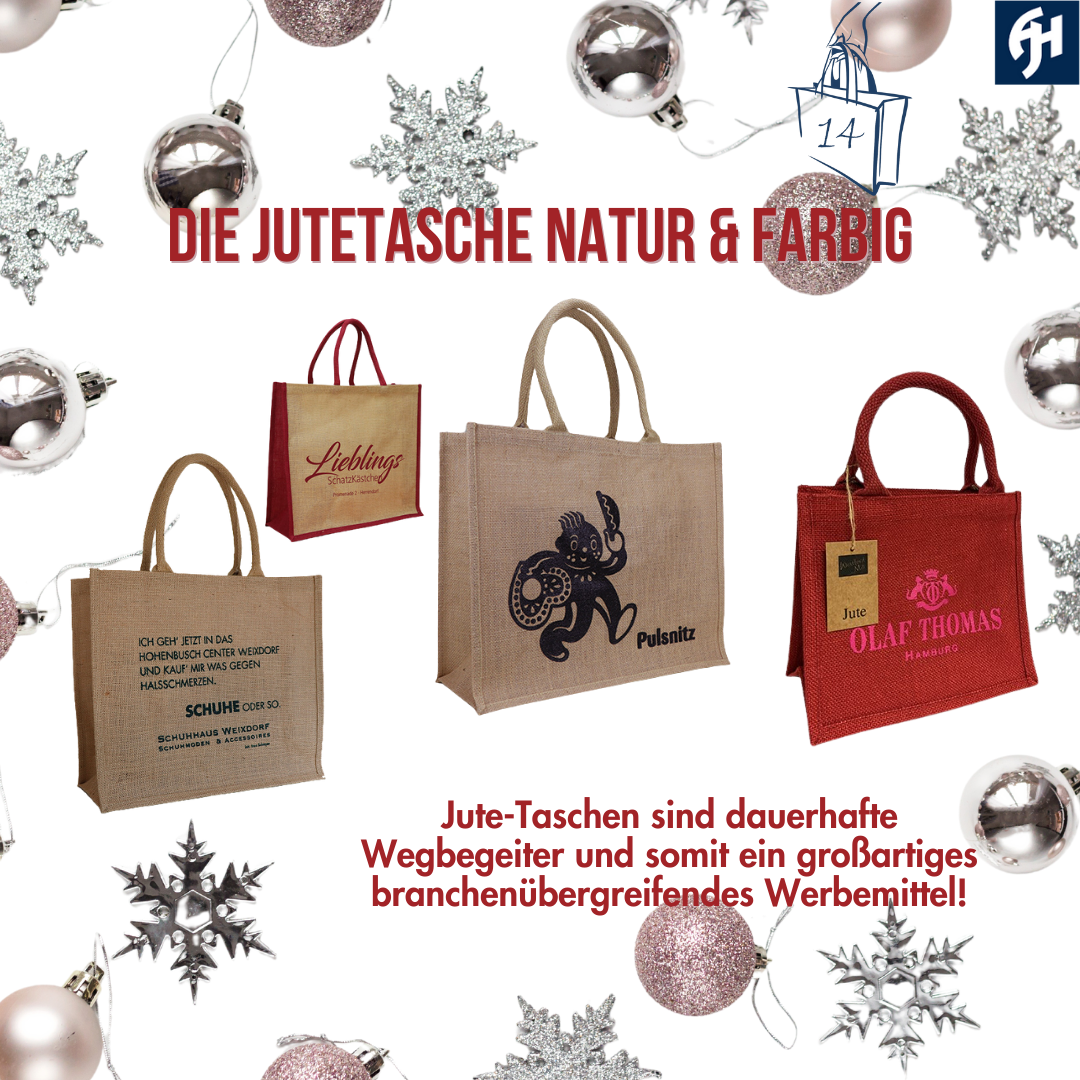Adventskalender 14. Dezember 2023 vier Jutetaschen mit verschiedenen Druckmotiven