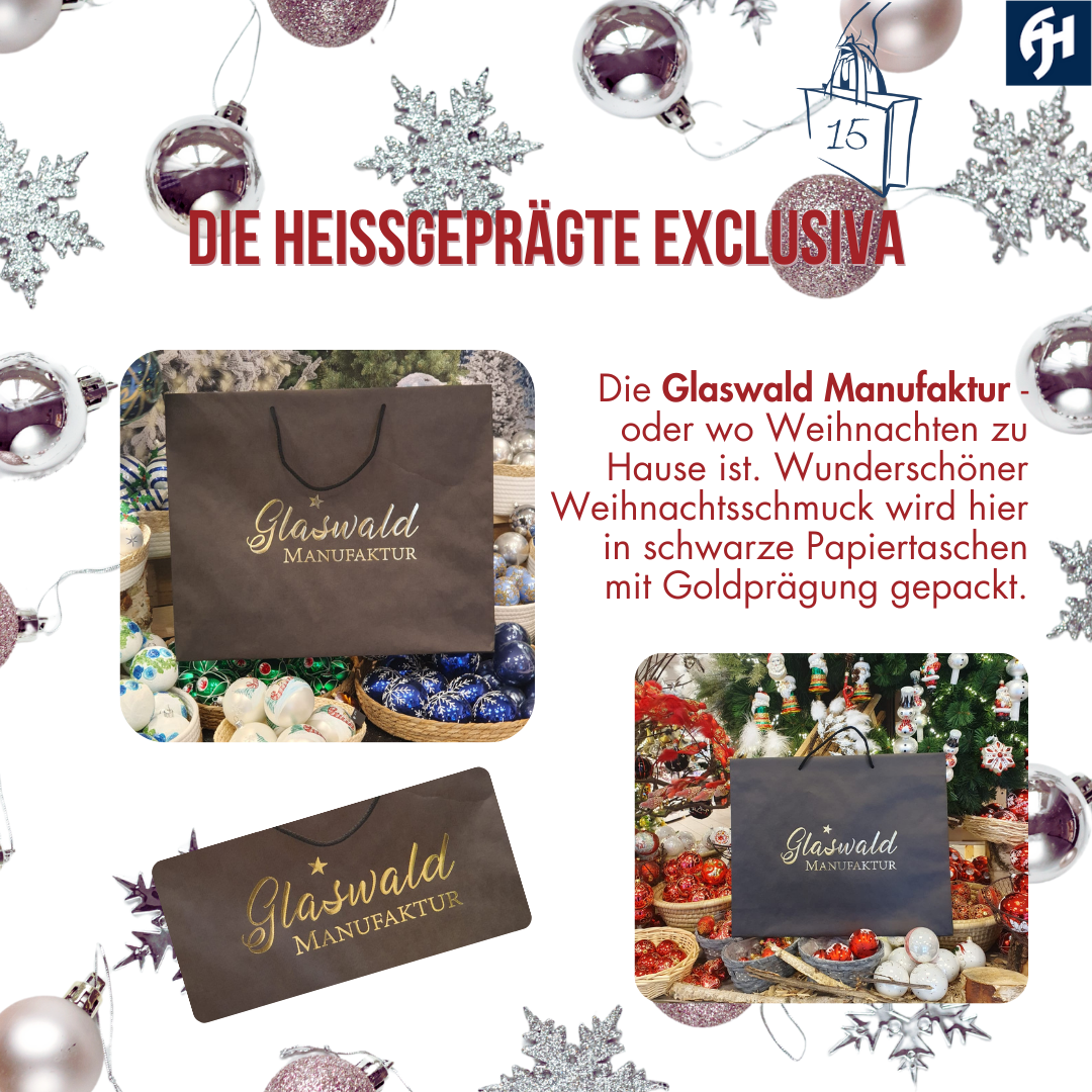 TaschenAdventsKalender Bild 15 Papiertaschen Glaswald Manufaktur schwarz mit goldener Prägung für das Branding der Marke