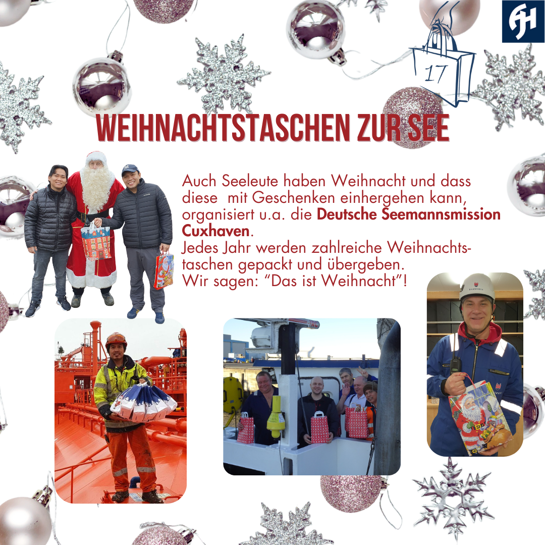 Taschenadventskalender Tür 17 - Seeleute erhalten von der Deutschen Seemanssmission Cuxhaven gefüllte Weihnachtstaschen