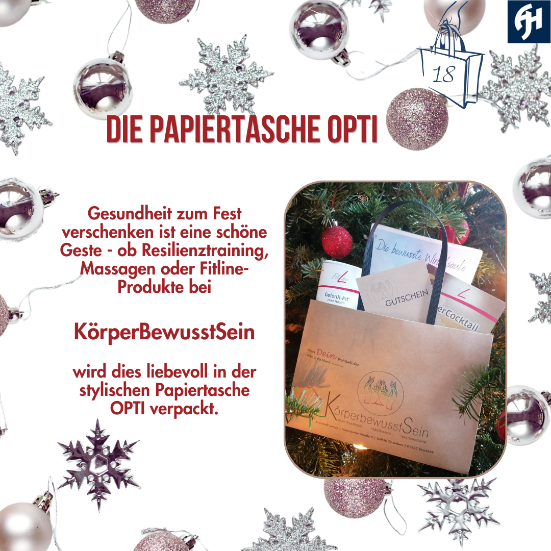 braune Papiertasche gefüllt mit Gesundheitsprodukten von Körperbewusstsein im TaschenAdventskalender