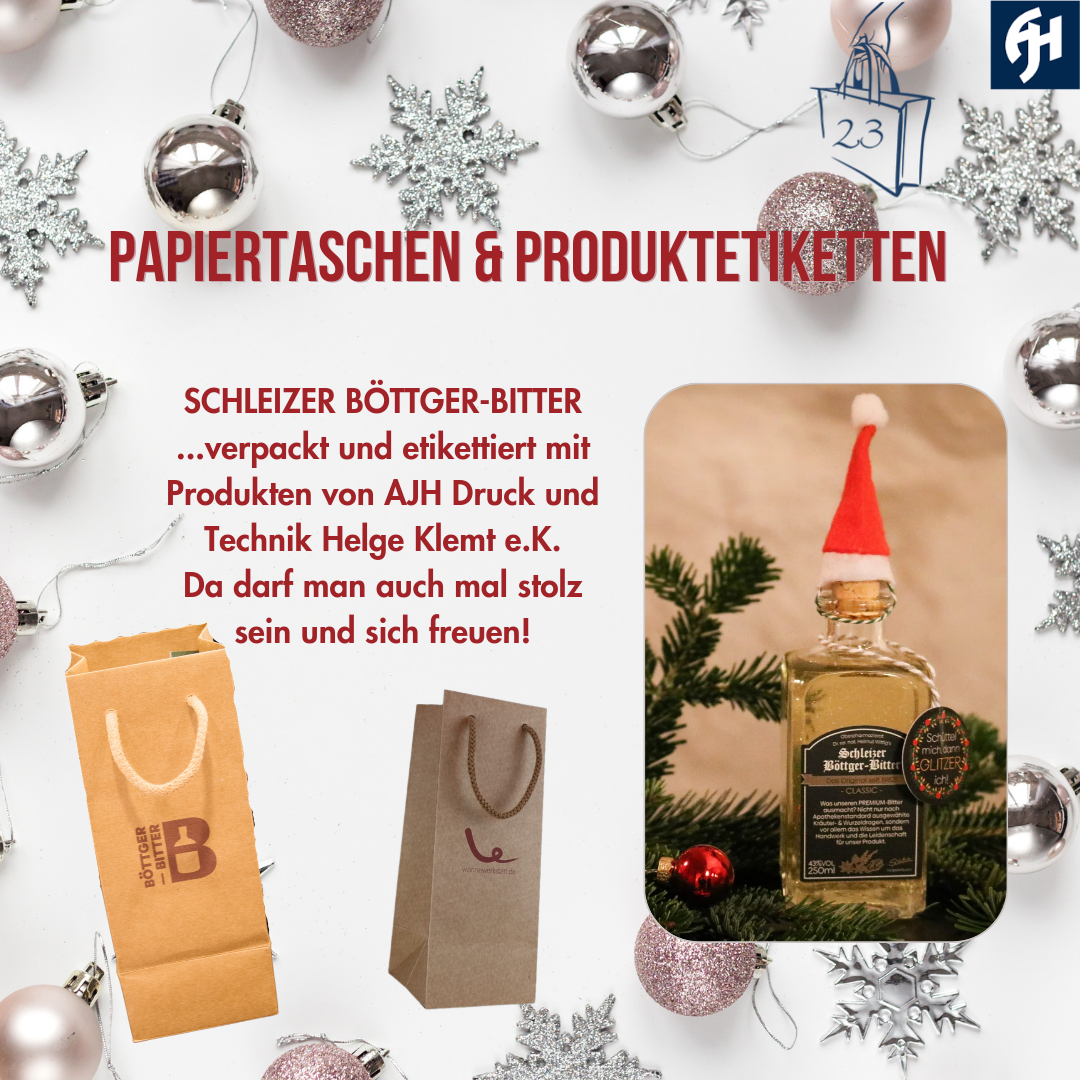 Türchen 23 im Taschenadventskalender mit Papiertaschen und einer Flasche Böttger-Bitter