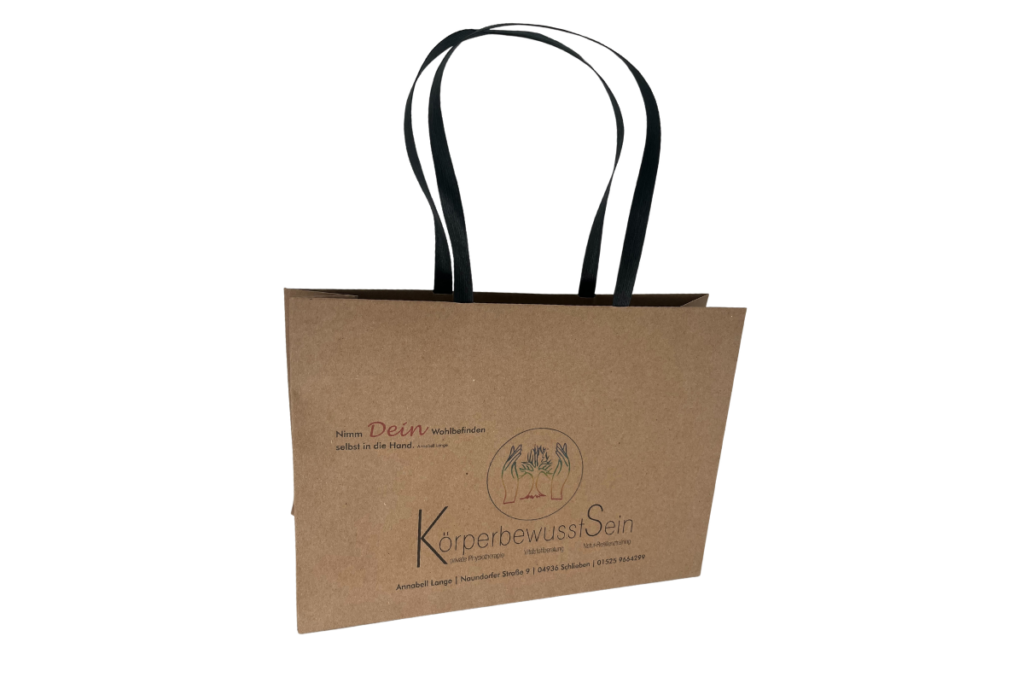 tausendtypentragetaschen - braune Papiertasche mit schwarzen Henkeln, bedruckt dem Logo von Körperbewusstsein Annabell Lange