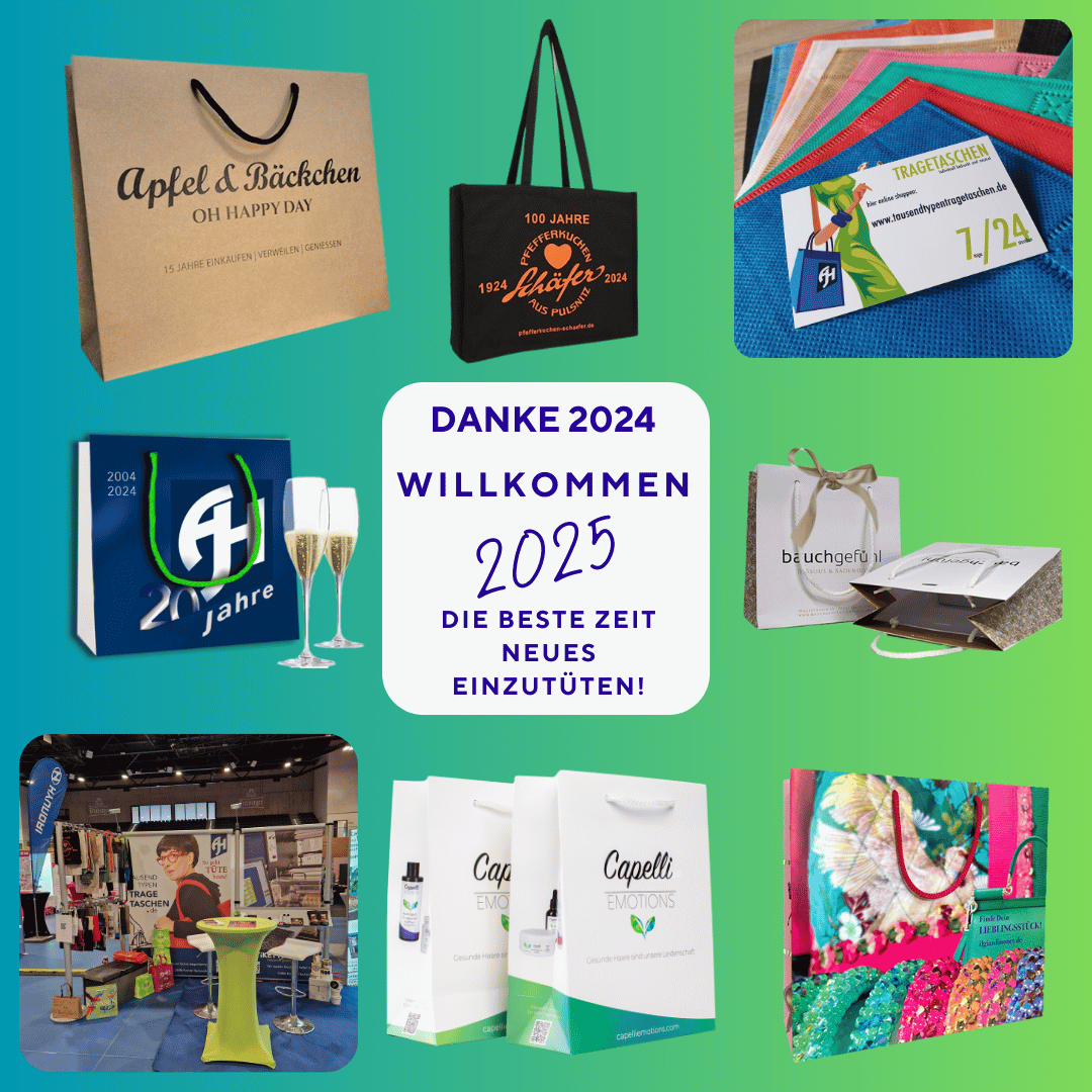 Hallo 2025 mit verschiedenen Taschenbildern aus 2024, von der Dresdner Weitsicht, Visitenkarte tausendtypententragetaschen