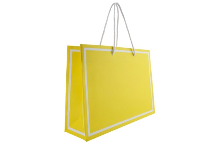tausendtypentragetaschen - gelbe Papiertasche Coty21 mit weißen Rahmen und Baumwollkordeln