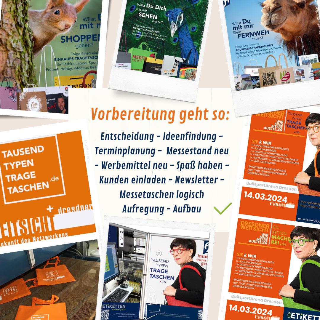 tausendtypentragetaschen - Eindrücke von der Messevorbereitung Weitsicht 2024 Taschen, Postkarten, Werbebanner