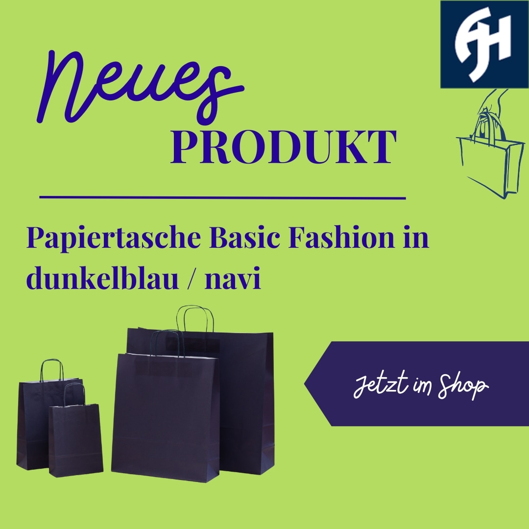 tausendtypentragetaschen Dunkelblaue Papiertaschen mit eingeklebter dunkelblauer Papierkordel in vier Größen als neues Produkt im Onlineshop von tausendtypentragetaschen.de