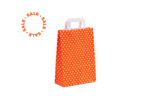 Papiertasche orange mit weißen Punkten und weißem Flachhenkel SALE-Info bei tausendtypentragetaschen