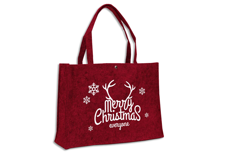 bordeauxfarbige Filztasche mit weißem Aufdruck Merry Christmas und Druckknopf oben, 2 Henkel mittellang bei tausendtypentragetaschen