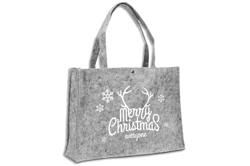 hellgraue Filztasche mit weißem Aufdruck Merry Christmas und Druckknopf oben, 2 Henkel mittellang bei tausendtypentragetaschen